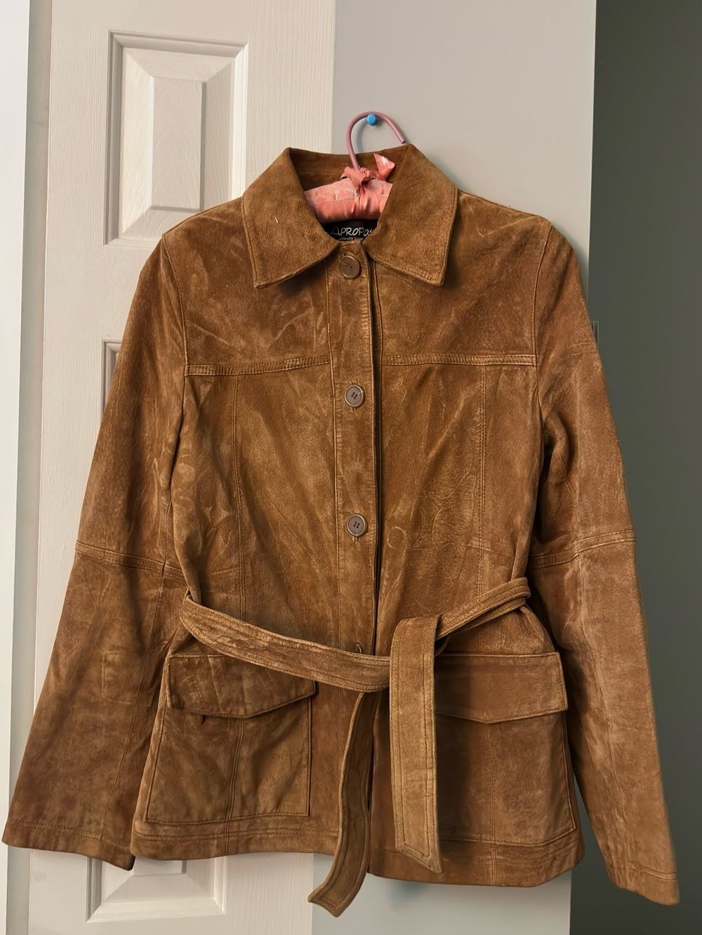 Suede Belted Leather Jacket in Cognac Brown